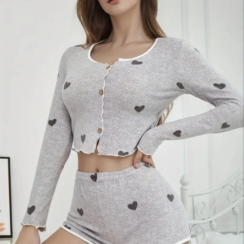 

Summer New Ladies Sexy Pajamas Homewear Set Girls Knitted Brushed Love Heart Printed Ruffles Pajama Shorts Set Lingerie Homewear