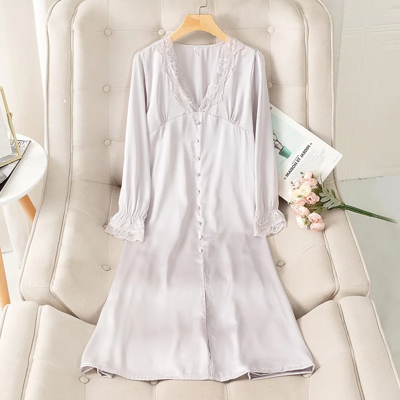 Sexy V-Neck Lace Nightgown Mid Long Nightdress Sleepwear Women Satin Silk Home Dressing Gown Causal Sleepshirt Homewear Lingerie