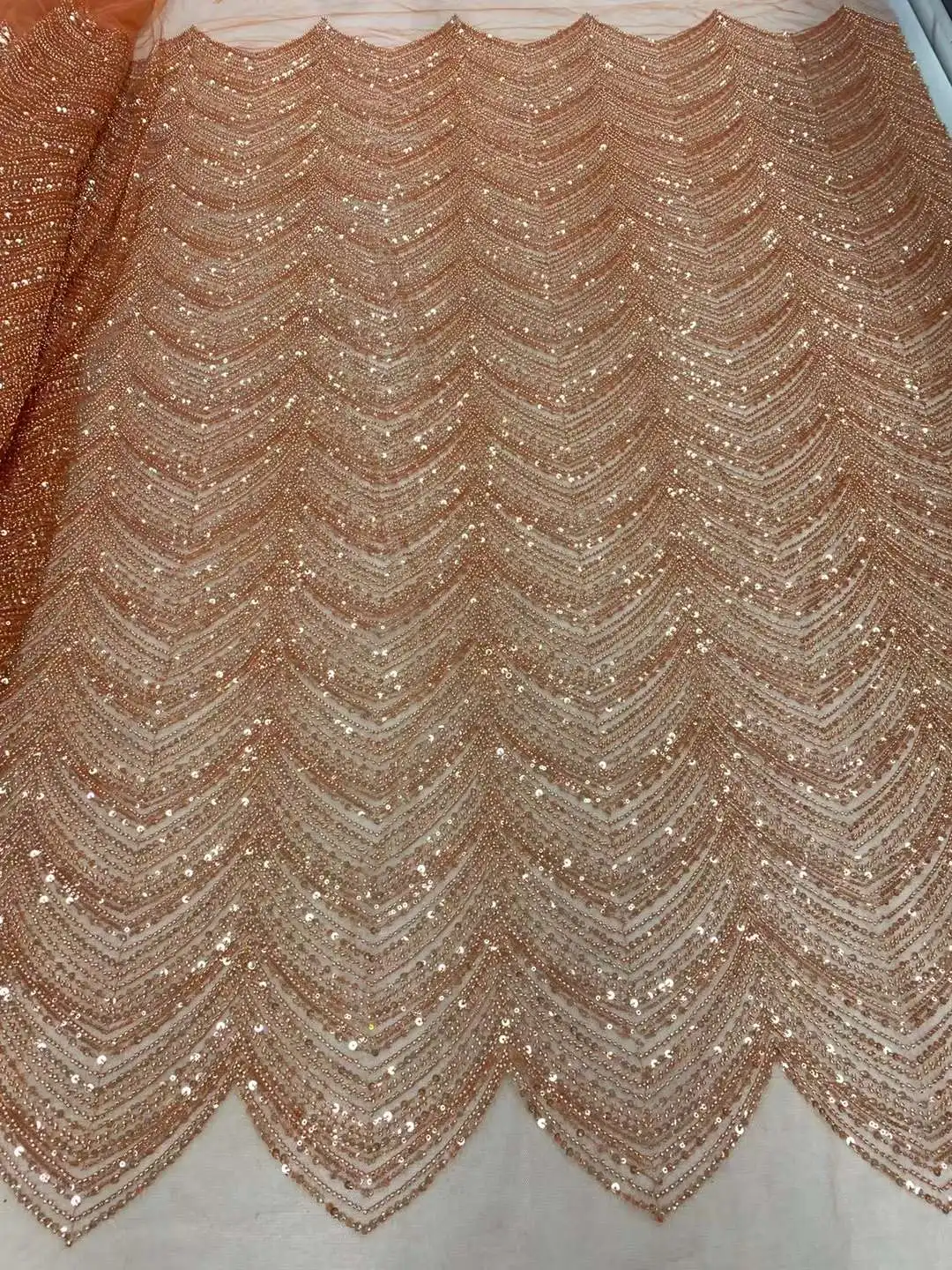 African Sequins Lace Fabric 2024 High Quality Embroidery Beaded Nigerian French Tulle Lace Beads Material For Wedding Dress Sew