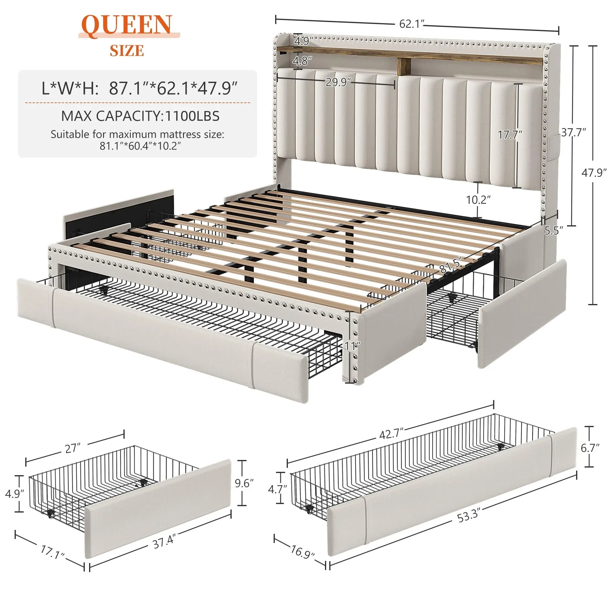 Queen Bed Frame with 3 Drawers Bed Frame Queen Size with Upholstered Headboard and Storage 2-Tier Shelves 1100LBS for Strong