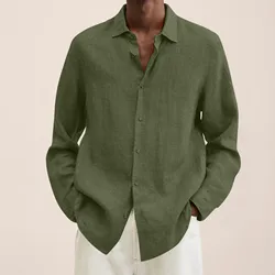 Camisa de lino y algodón de manga larga para hombre, Camisas de Color sólido con cuello de solapa, Blusas de Golf, Tops sociales, 2023