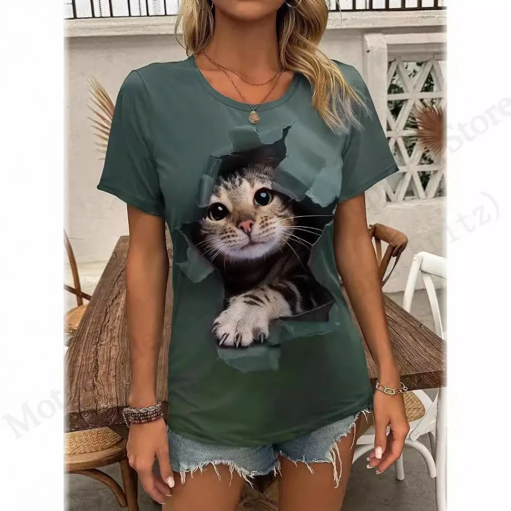Kaos Grafis 3D Gambar Kucing Lucu Wanita Fashion Kasual O-Neck Oversized Lengan Pendek Kaos Hewan Atasan Desainer Pakaian