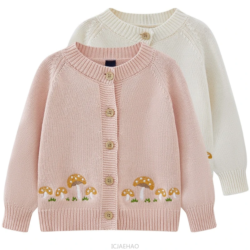 

New Round Neck Mushroom Embroidery Baby Girls Cotton Cardigan Toddler Knit Sweater Spring Autumn Casual Jacket Infant Outerwear