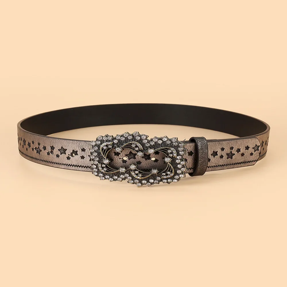 Ethnic Men Decoration Belt Wide Waistband Retro Rhinestone Pentagram Embossed Carving Belt for Women Jeans Pants Accessories