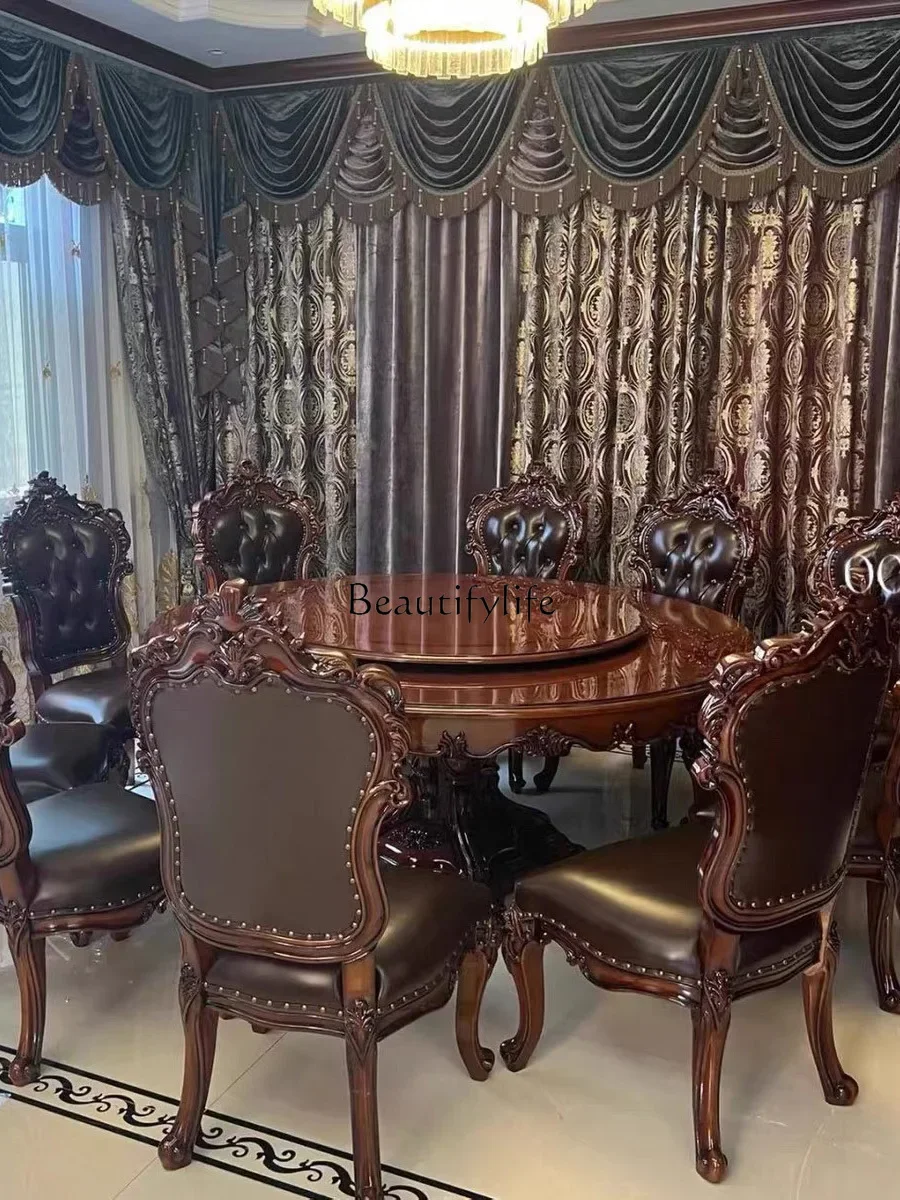

FG44European-Style Solid Wood Dining Tables and Chairs Neoclassical Villa Living Room Luxury Carved Dark Color
