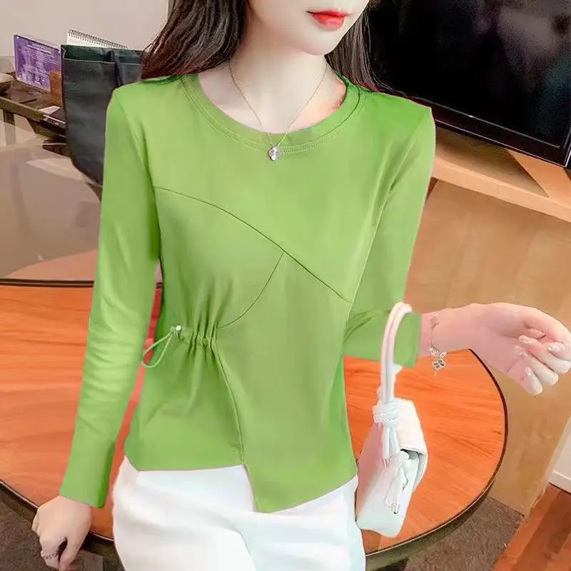 

Fashion O-Neck Spliced Shirring Irregular Blouse Female Clothing 2023 Spring Autumn New Casual Pullovers Asymmetrical Shirt