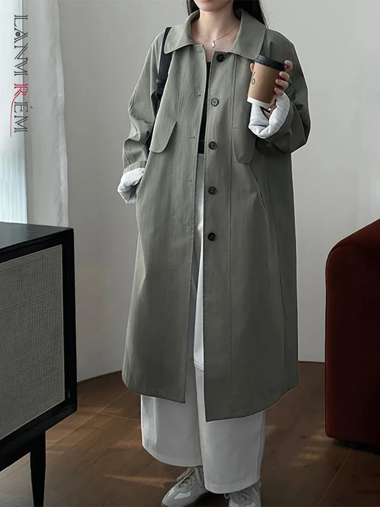 

[LANMREM] Fashion Spliced Design Long Trench For Women Lapel Single Breasted Office Lady Windbreaker 2024 Autumn New 26C383