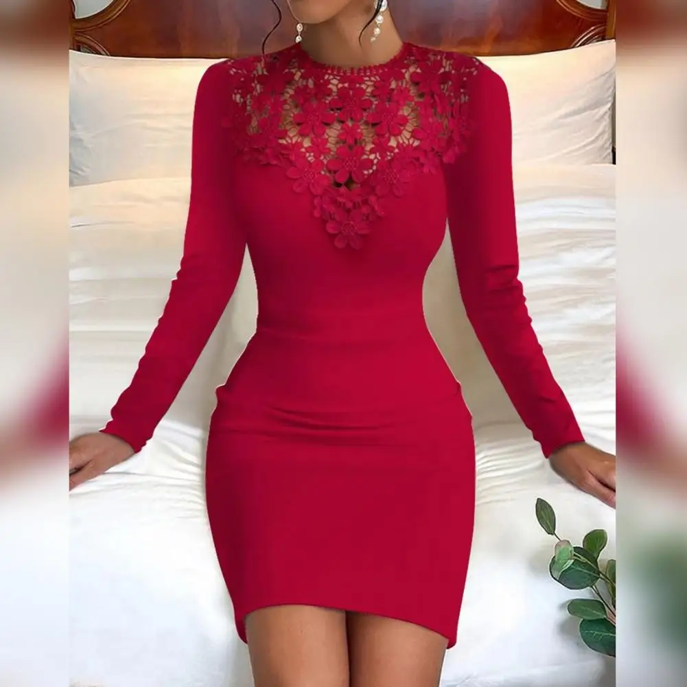 

Long Sleeve Dress Elegant Lace Mini Dress for Women Slim Fit Sheath with Long Sleeve O Neck Soft Tight Waist Above Knee Length