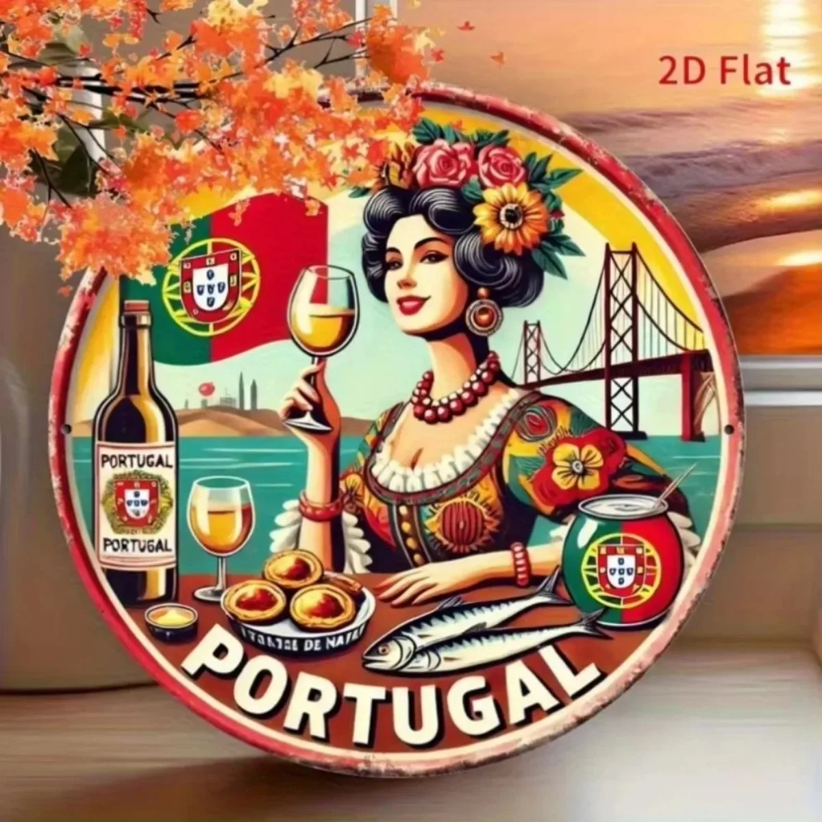 ديكور موضوع "طعام برتغالي ومناظر جسر حديثة" ثنائي الأبعاد - يتميز بعلم برتغالي وجسر حديث، مثالي لغرف المعيشة