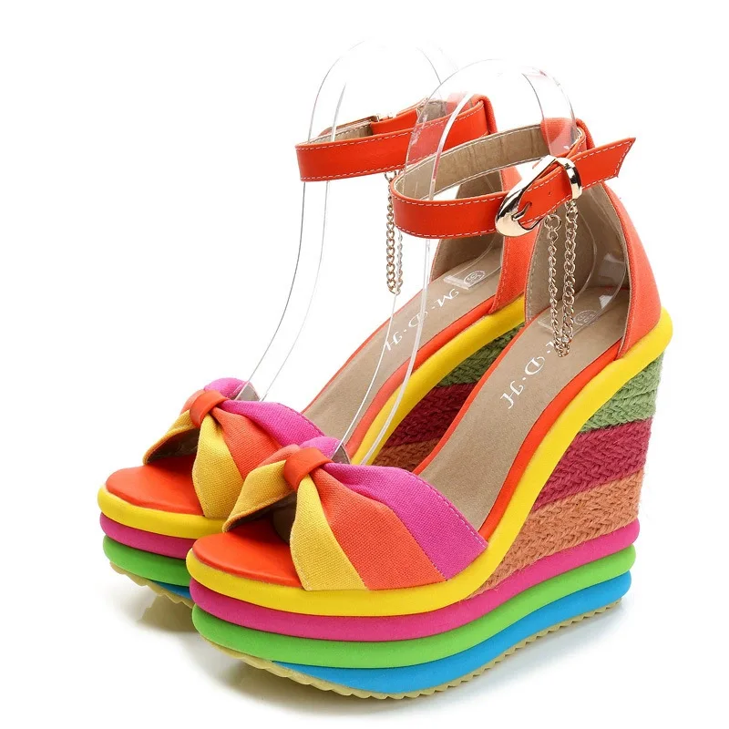 Plus Size 33-43 Shoes for Women Summer Wedges Sandals Colorful Platform Rainbow Bowknot Hemp Bottom Female Buckle Strap Shoes