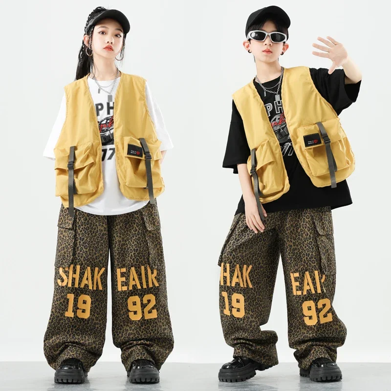 Bambini Streetwear Ragazzi Hip Hop Gilet giallo Camicia Pantaloni cargo Ragazze Street Dance Jogging Set di vestiti Bambini Jazz Costumi viola