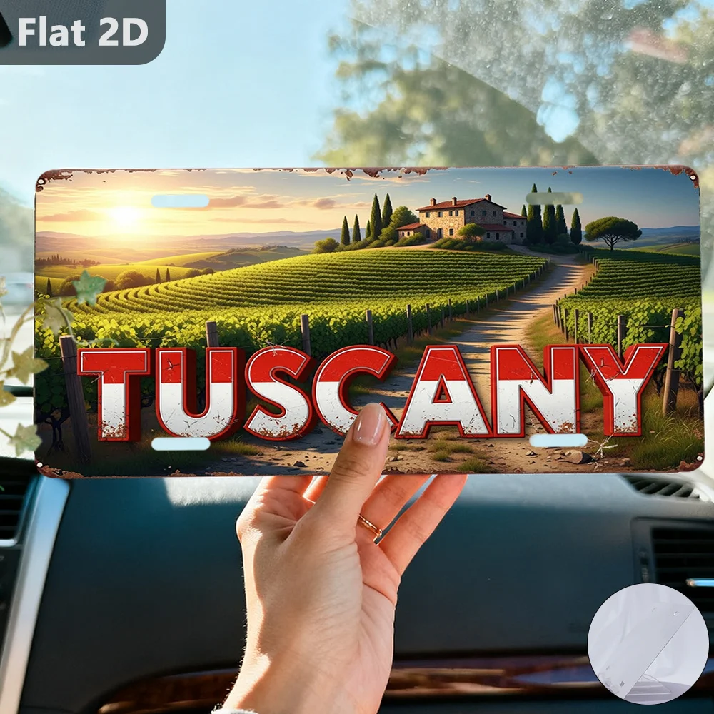 2D Flat - A Vintage Tin Sign Featuring a Tuscany Landscape with Vineyards, Measuring 30.48 cm by 14.99 cm. This Decorative Plaqu
