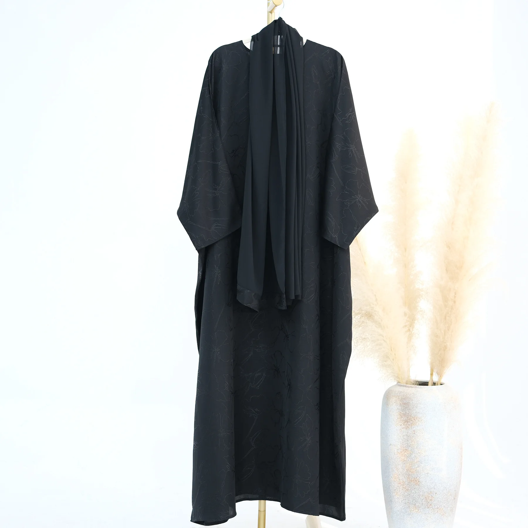 中東ドバイ トルコ ファッション ジャカード ドレス レディース ムスリム ロング ルーズ マキシ ドレス アバヤ ローブ 無地 エレガント