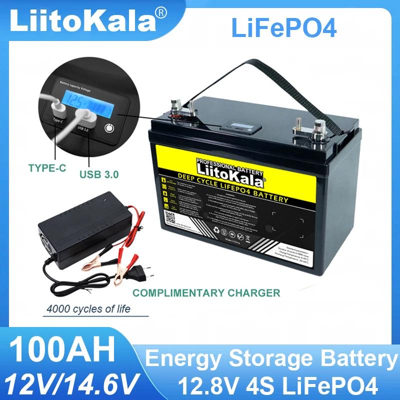 LiitoKala-paquete de baterías LiFePO4 de 12,8 V, 100Ah, 12V, litio, hierro, fosfato, 4000 ciclos, inversor, encendedor de coche, Solar, libre de