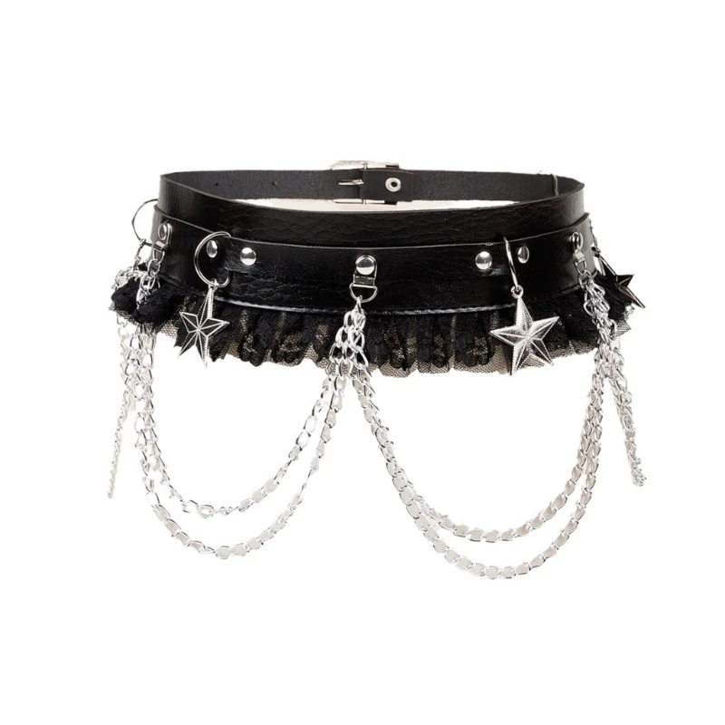 

Girls Punk Waist Belt with Lace Trim Star Charm Metal Chain Women Prom Banquet Club Party Stage Dancing Skirt Jeans Pants Belt