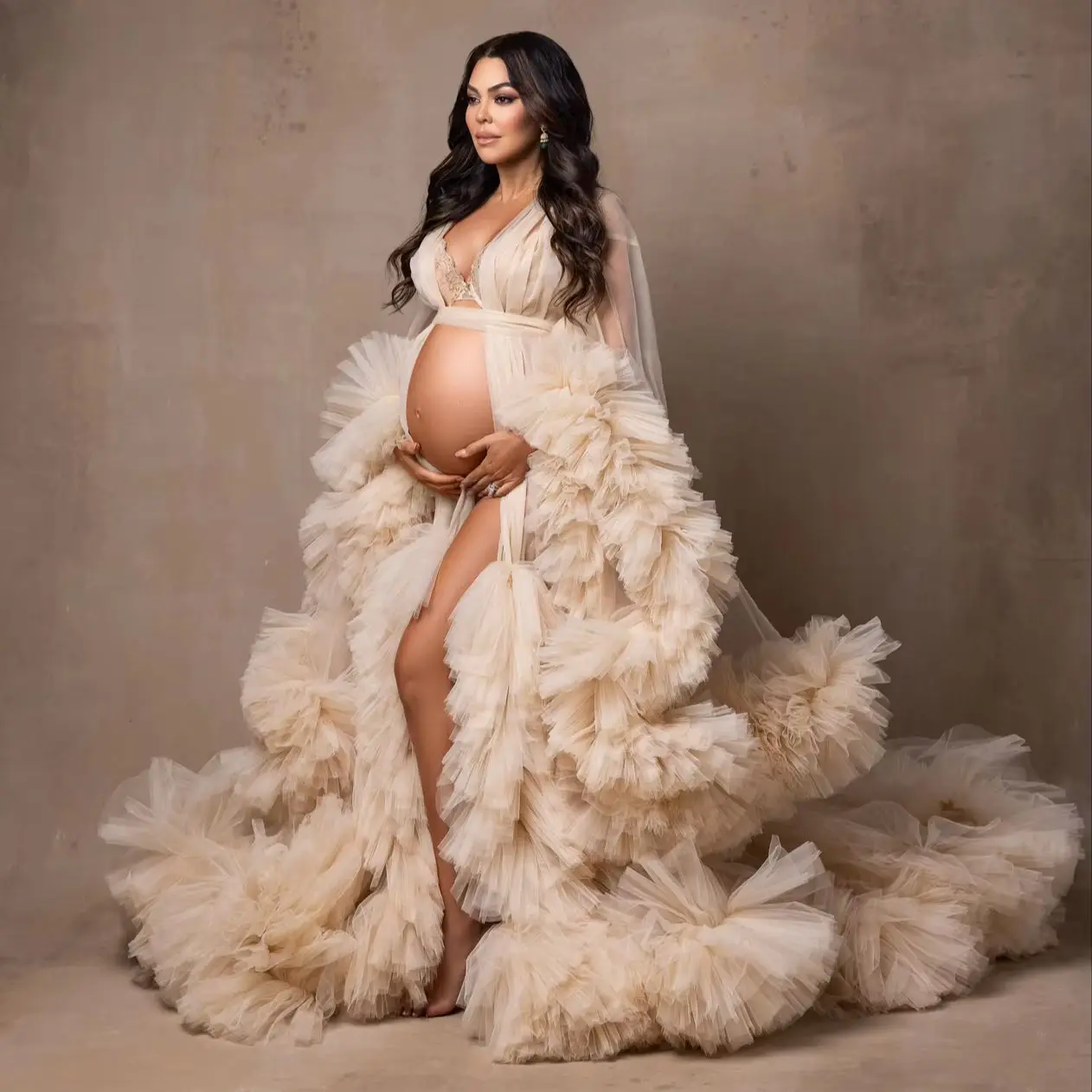 Champagne Pregnant Women Maternity Robes Long Sleeve Babyshower Gowns Puffy Tulle Photography Dresses Customized