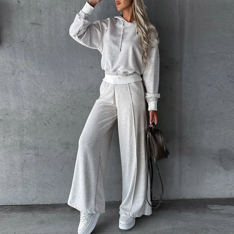 Fashion Comfortable Hooded Women Tracksuit 2Pc Set Casual Street Solid Simple Suits New Loose Hoodie Straight Long Pants Outfits