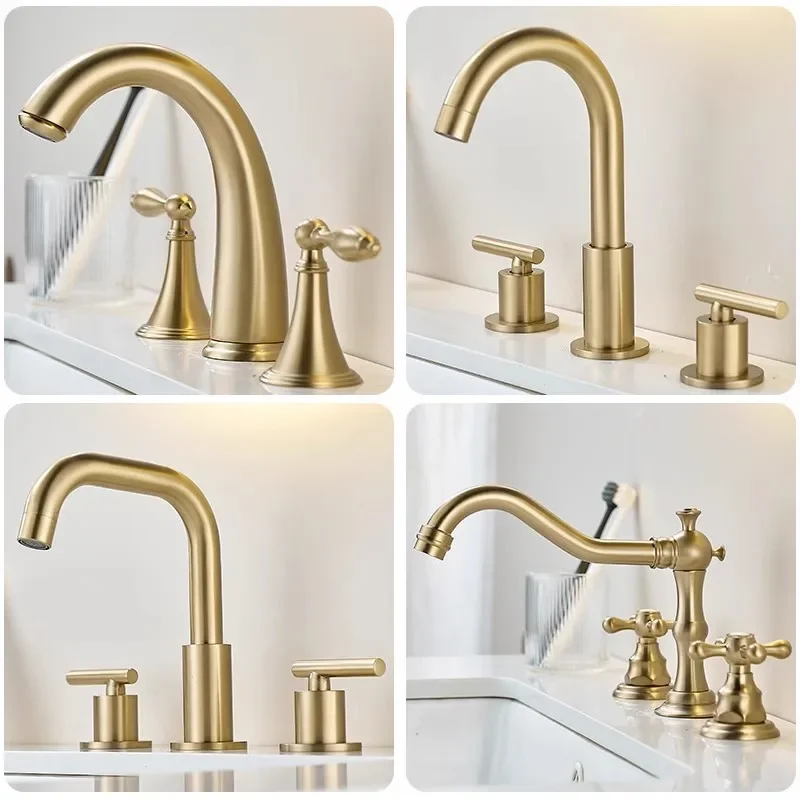 Brushed Gold Bathroom Faucet Total Brass  Basin Widespread Sink 3 Hole Hot And Cold Waterfall Water Tap