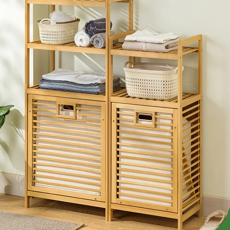 3/4 Tier Wooden Laundry Hamper Multi-Function Storage Basket Bathroom Rack Bamboo Laundry Organizer Large Capacity Bin