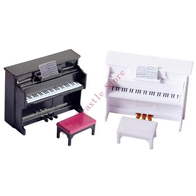 63HF Dollhouse Piano with Stool Miniature Musical Instrument Ornament Dollhouse Model Gift for Children Scene Props