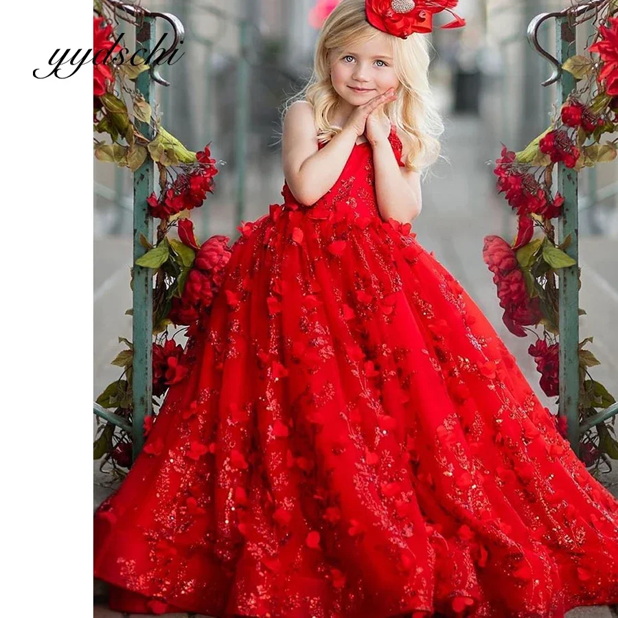 

Red Sequins Ball Gown Tulle Flower Girl Dress Exquisite Party Kids Birthday Sleeveless Floor Length Applique Lace Princess Dress
