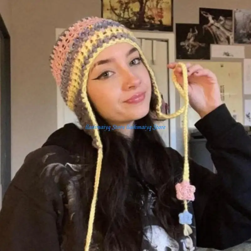 

573B Girls Knitted Cap Beanie Winter Warm Knitting Hat Striped Knit Hat Fashion Acccessory Ski Mask for Teenagers