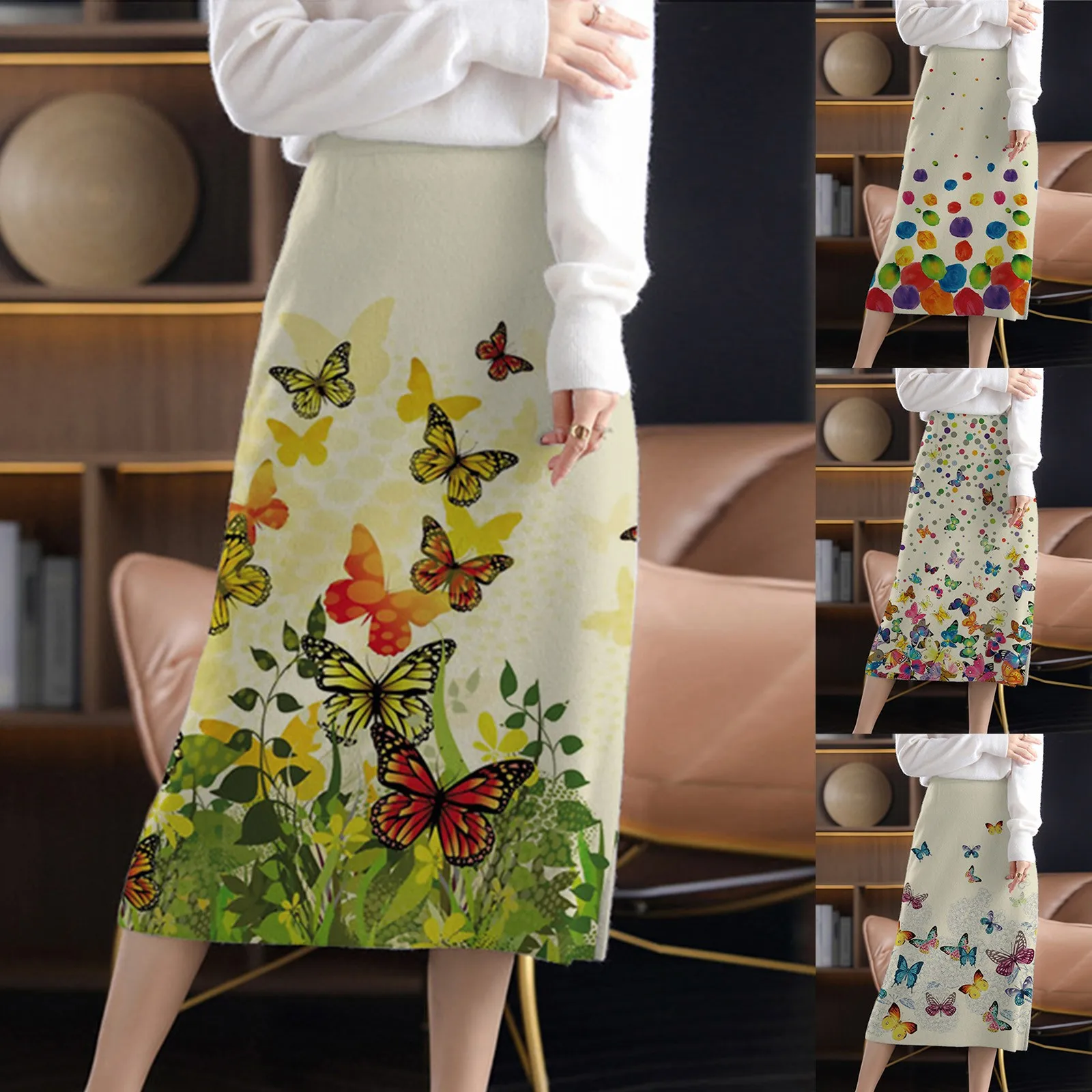 

Women's Elastic Waisted Split Thigh Rib Knit Long Maxi Bodycon Pencil Skirt Warm Butterfly Print Midi Pull On Calf Length Fit