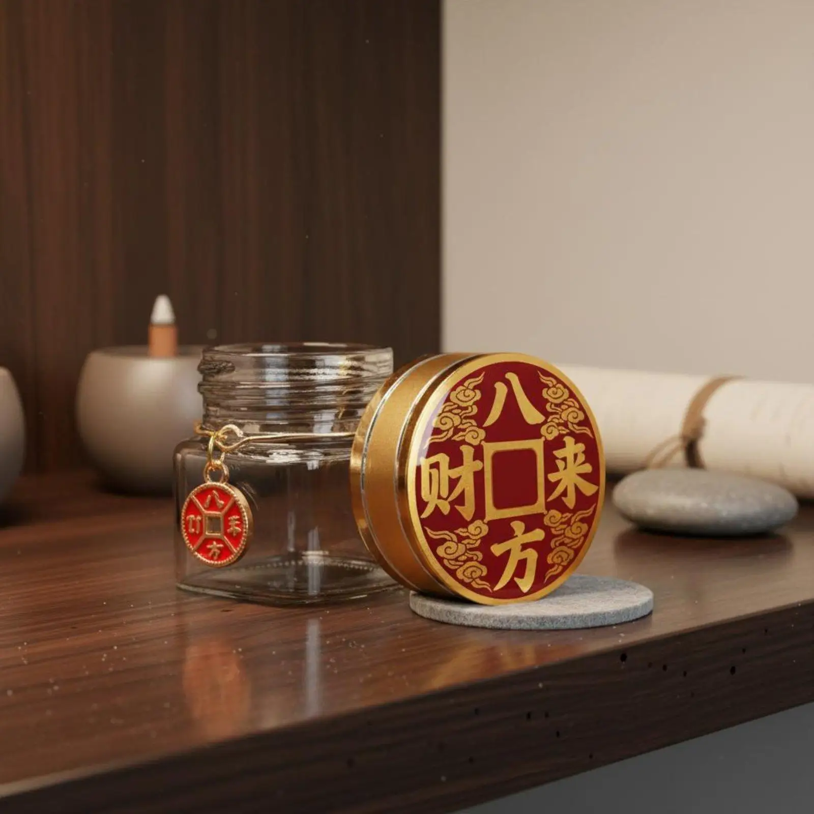 Decorative Glass Storage Bottle with Auspicious Lid Mini Feng Shui Wishing Jar for Golden Beans Jewelry Desk Shelf Altar