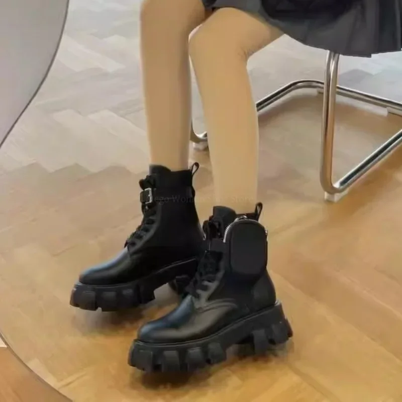 Thick Bottom Belt Buckle Short Boots Women Leather and Velvet Height Increase Middle Tube Strap Boots Trendy Shoes Size 43