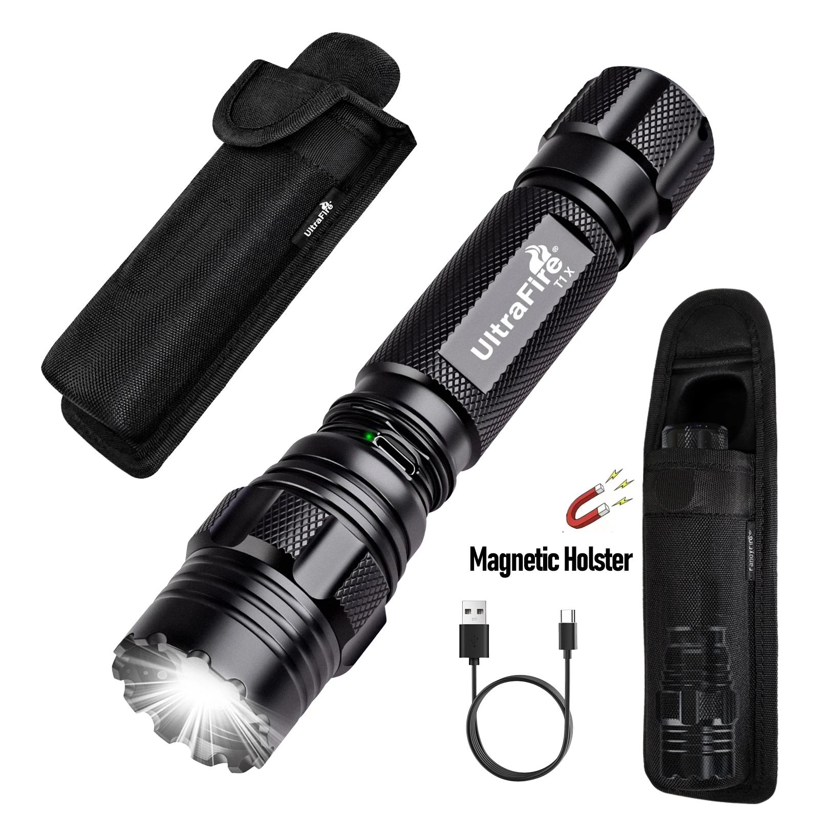 

UltraFire T1X Tactical Flashlight with Magnetic Belt Holster 3 Modes 1200LM USB C Rechargeable Police Lamp for Camping Emergency