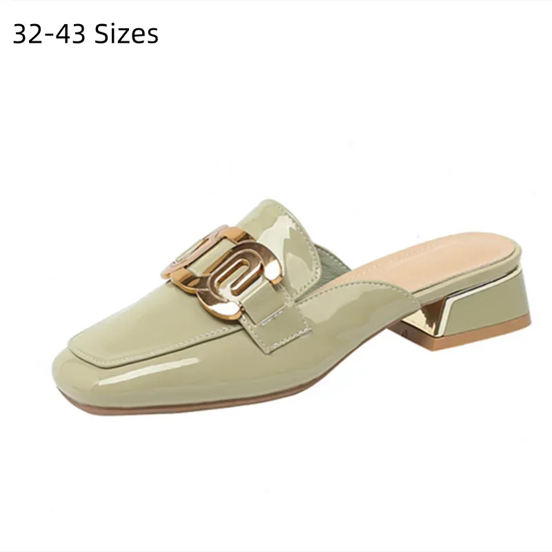 

Женские туфли-мюли из зеленой и черной кожи с блестящим эффектом, на низком квадратном каблуке, с квадратным носком, широкий размер 43, 32, 33