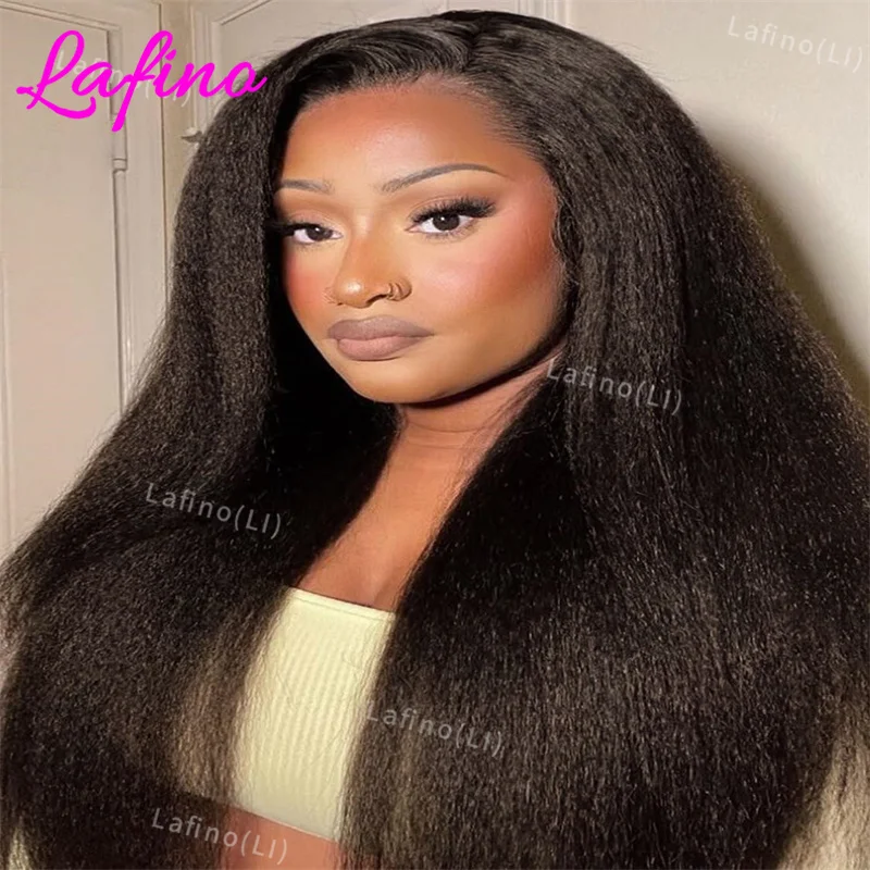 

13x6 Kinky Straight Lace Front Human Hair Wig With Kinky Edges Baby Hair Glueless Yaki Straight Hd Lace Frontal Wig 220% Denisty