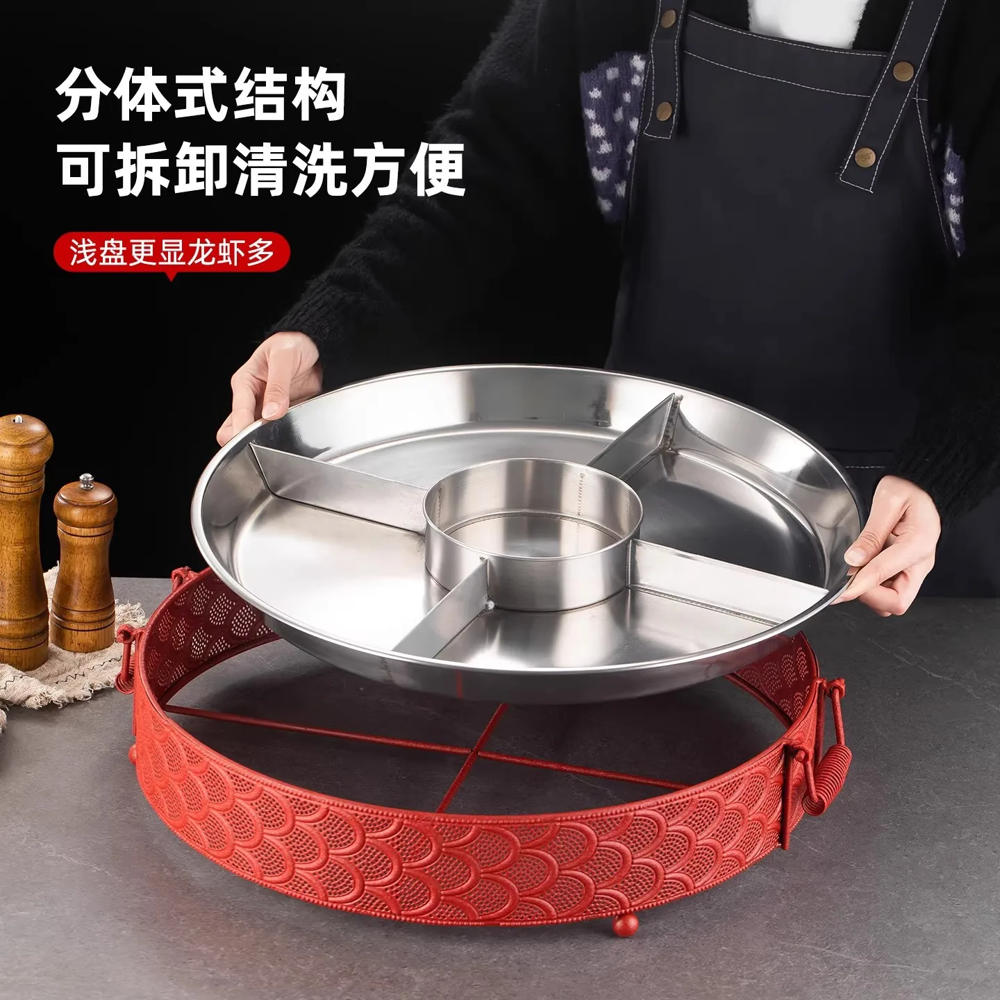 Creative crayfish grid plate, multi-grid chilled smoking seafood big coffee platter, special plate for lobster feast, round