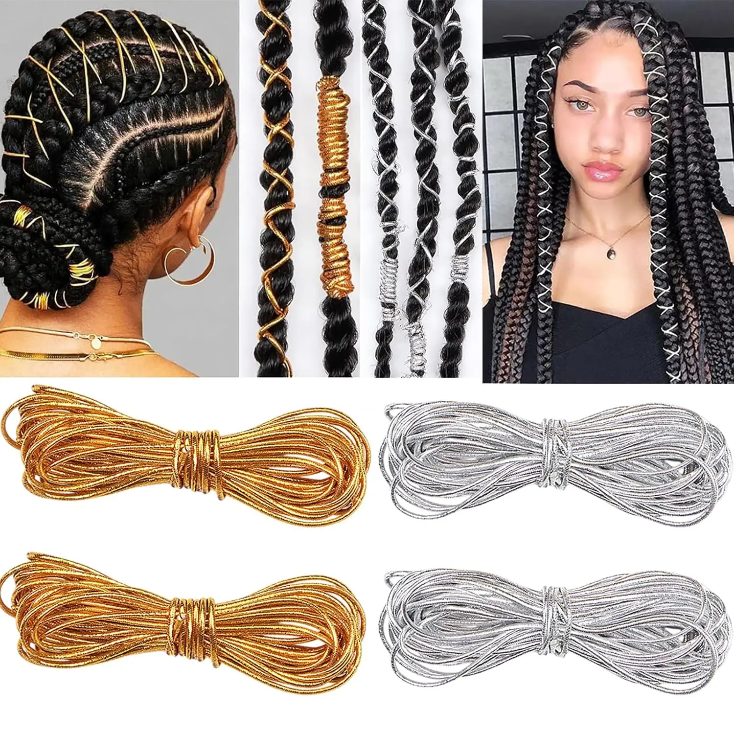 5 PCS 5M Hair Strings for Braids Hair Accessory String,Hair Wrap String Dreadlock Braiding Rope Silver Gold Braiding Hair