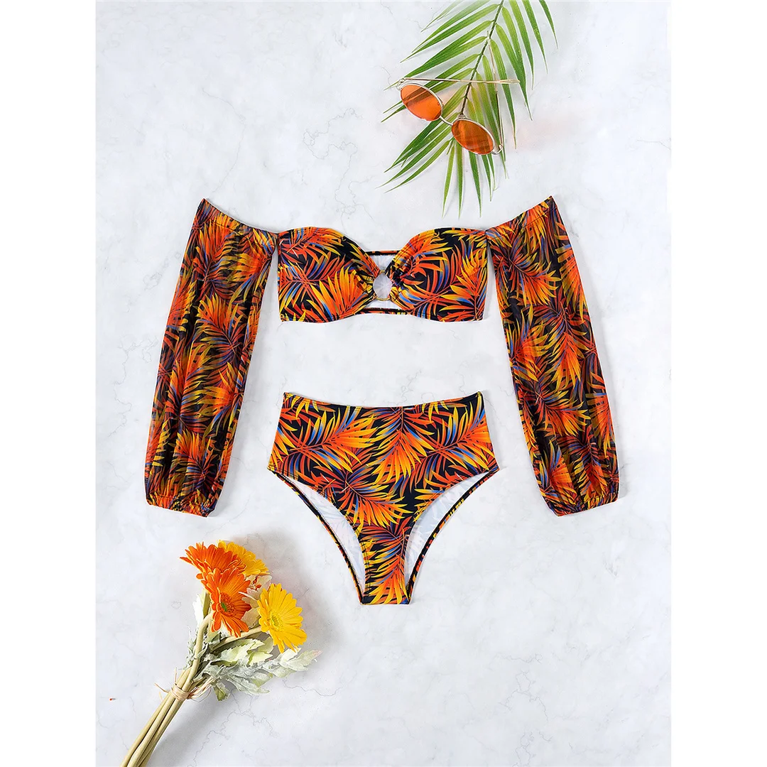 S - XL, bedruckter, langärmliger Bikini mit hoher Taille, Damen-Badeanzug, zweiteiliges Bikini-Set, Badebekleidung, Badeanzug, Modell V6920. – Detail 3