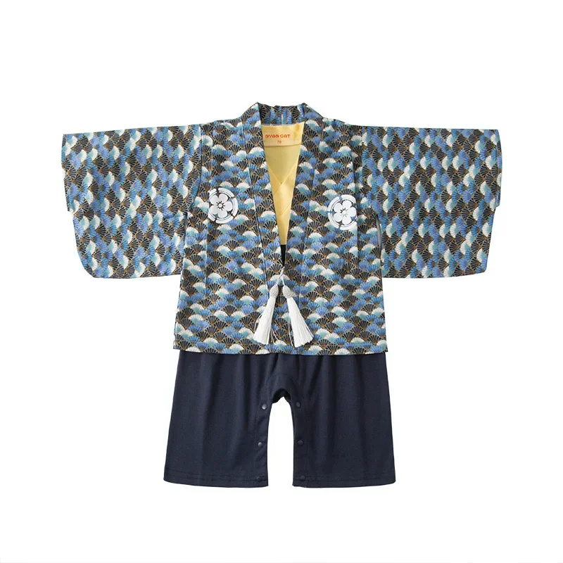 Spring Autumn Toddler Baby Boys Cotton Blue Floral Print Coat Romper Classic Japanese Style Kimono Clothes