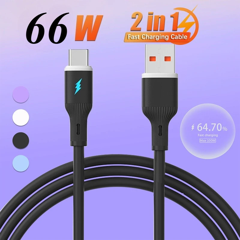 6A 66W Fast Charging Cable Type C to USB Liquid Silicone Data Cable With Light For Macbook iPad Iphone Xiaomi Samsung Huawei