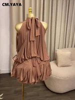 CM.YAYA Women's Dress Set Sleeveless Halter Ball Gown Mini Dress and Shorts Elegant Holiday Birthday Two 2 Piece Set Outfits 2