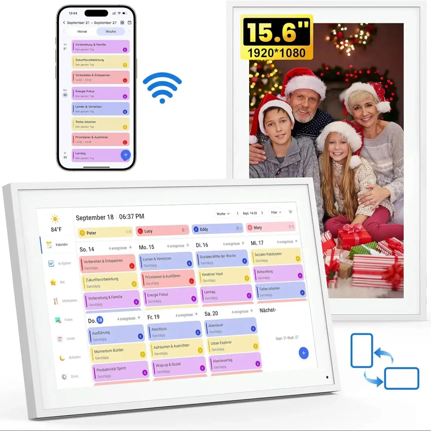 Kingrid P15 15,6 Zoll WLAN Smart Digitaler Kalender, Mahlzeiten- &Aufgabenplanung, Belohnungen für Kinder, Wi-Fi, Google/iCloud-Synchronisierung, 32GB Wand-Touchscreen Smart Elektronischer Kalender