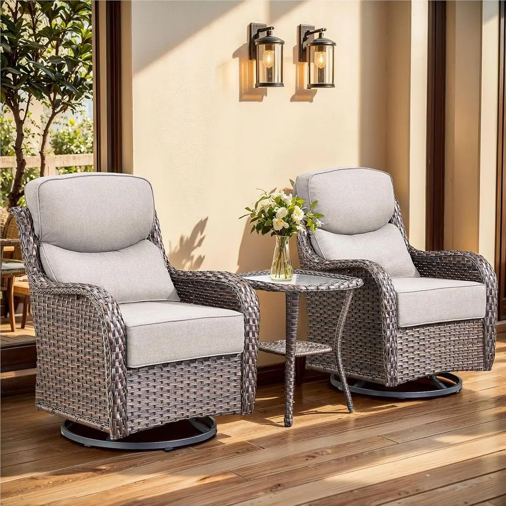 Elegant Outdoor Swivel Rockers with Side Table and Cushions, High-Back Patio Chairs for Bistro Sets, Suitable for Decks, Yards,
