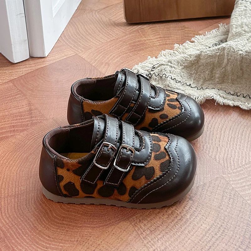 Kids Retro Brogue Style Flat Shoes, Toddler Boys Girls Double Strap Hook‑and‑Loop Casual Loafers, Solid Brown & Leopard Print