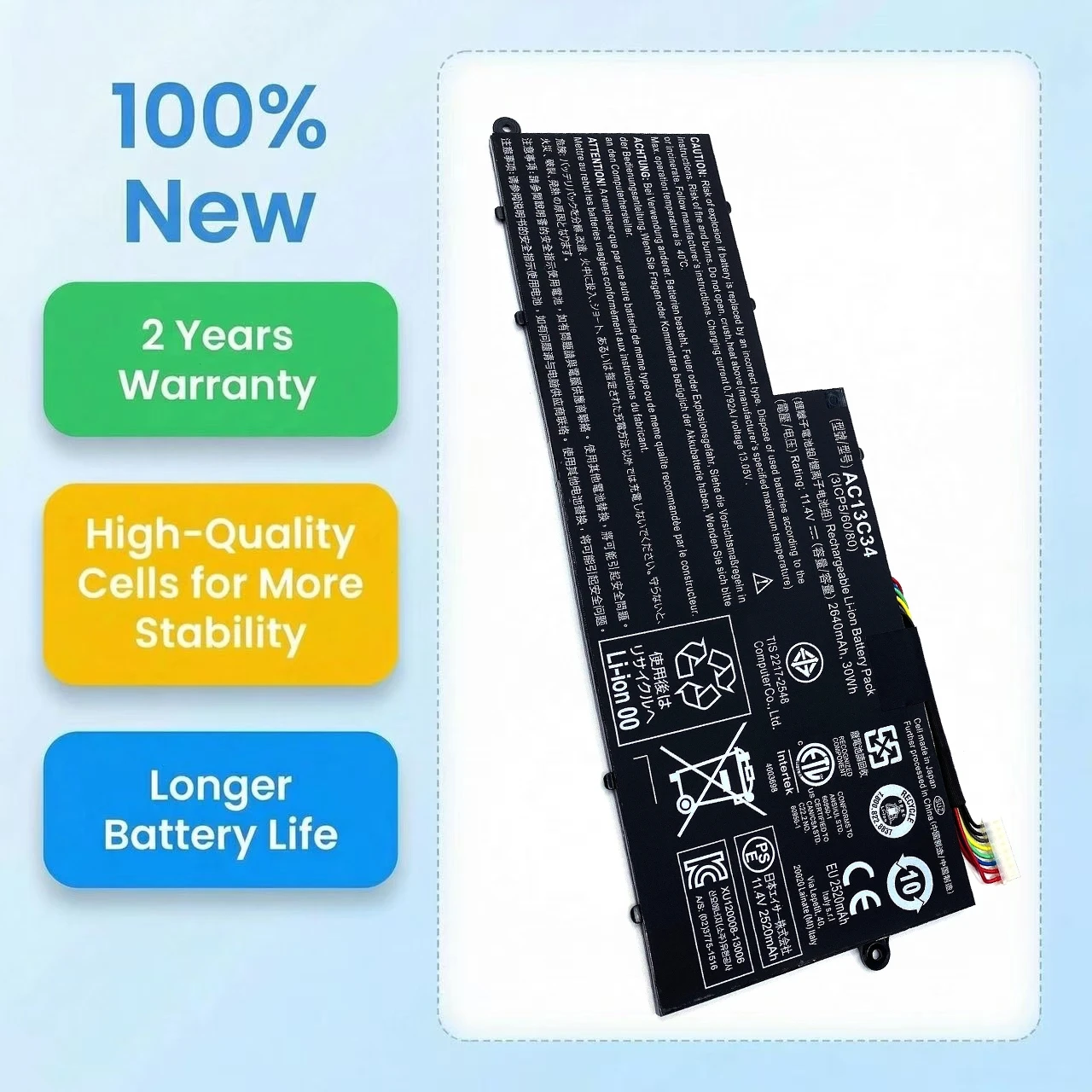 New AC13C34 11.4V 30Wh Laptop Battery For Acer Aspire V5-122 V5-122P V5-132 V3-111 E3-111 E3-112 ES1-111M MS237 KT.00303.005