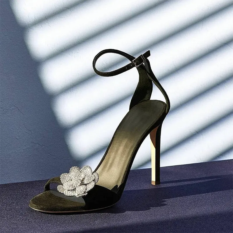 

High Heels 2026 Summer New One-word with Rhinestones Open-toed Stiletto High-heeled Sandals Women