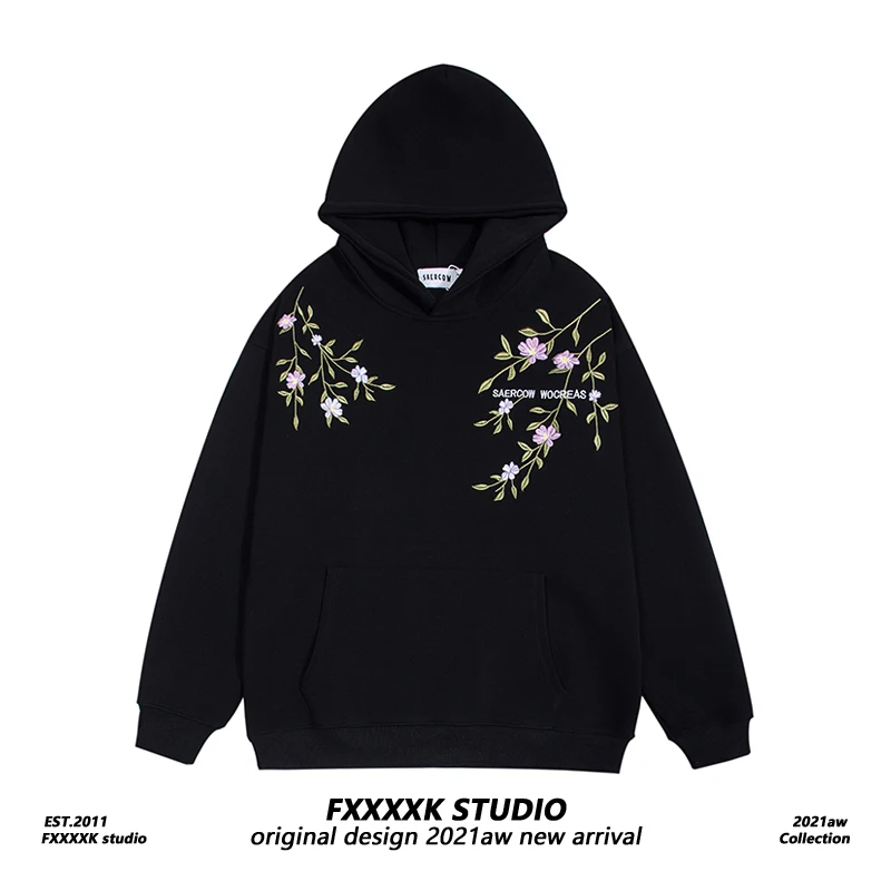 

FXK Original American Trendy Brand Loose Couples Matching Hoodie Embroidered Floral Crown Spring Collection Men's Ethnic Clot...