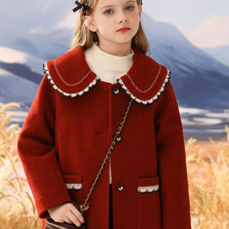 Girls Woolen Coat Jacket Windbreak 2023 Red Wine Warm Thicken Winter Cotton Overcoat Christmas Teenagers Children\'s Clothing