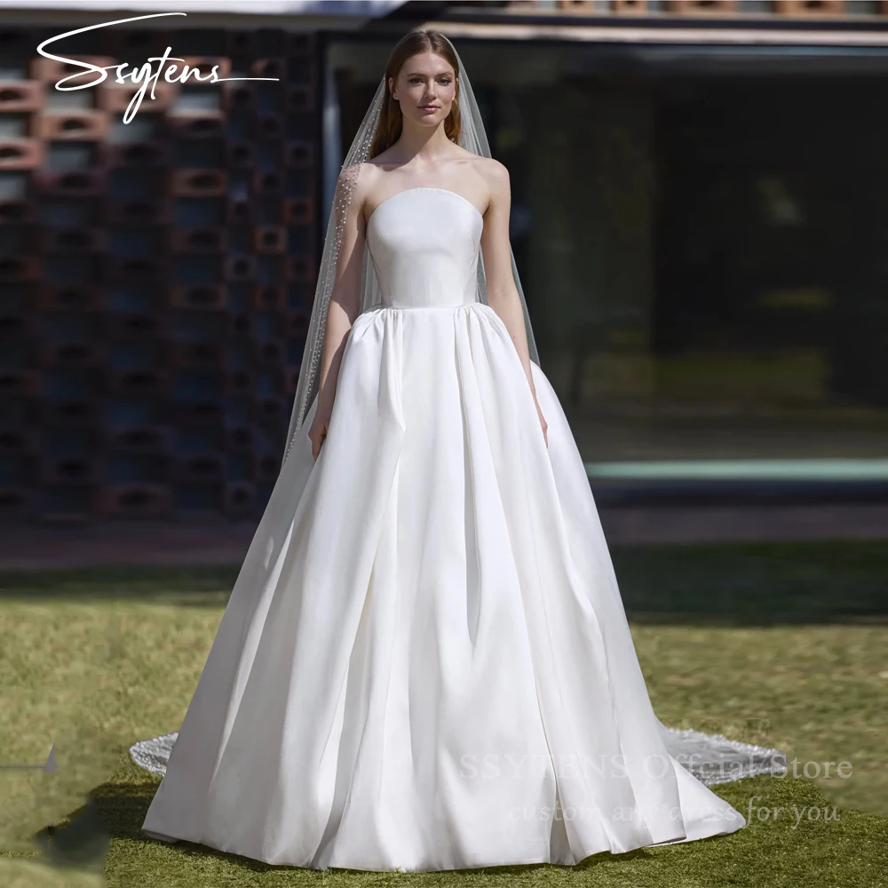 

SSYTENS Elegant Strapless Wedding Dress Satin Princess Women Buttons Back Bride Dresses Court Train Ball Gown Customized Robe