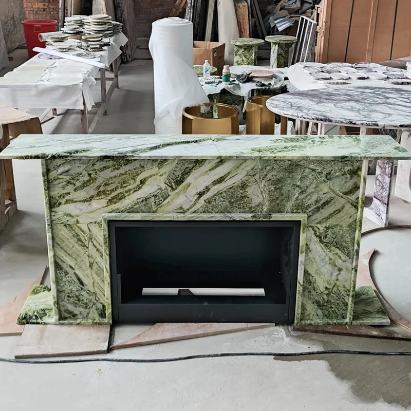 Luxury Natural Stone Hand Craved Italian Light Calacatta Green Marble Fireplace Surround Mantel For Indoor Hotel Villa Decor