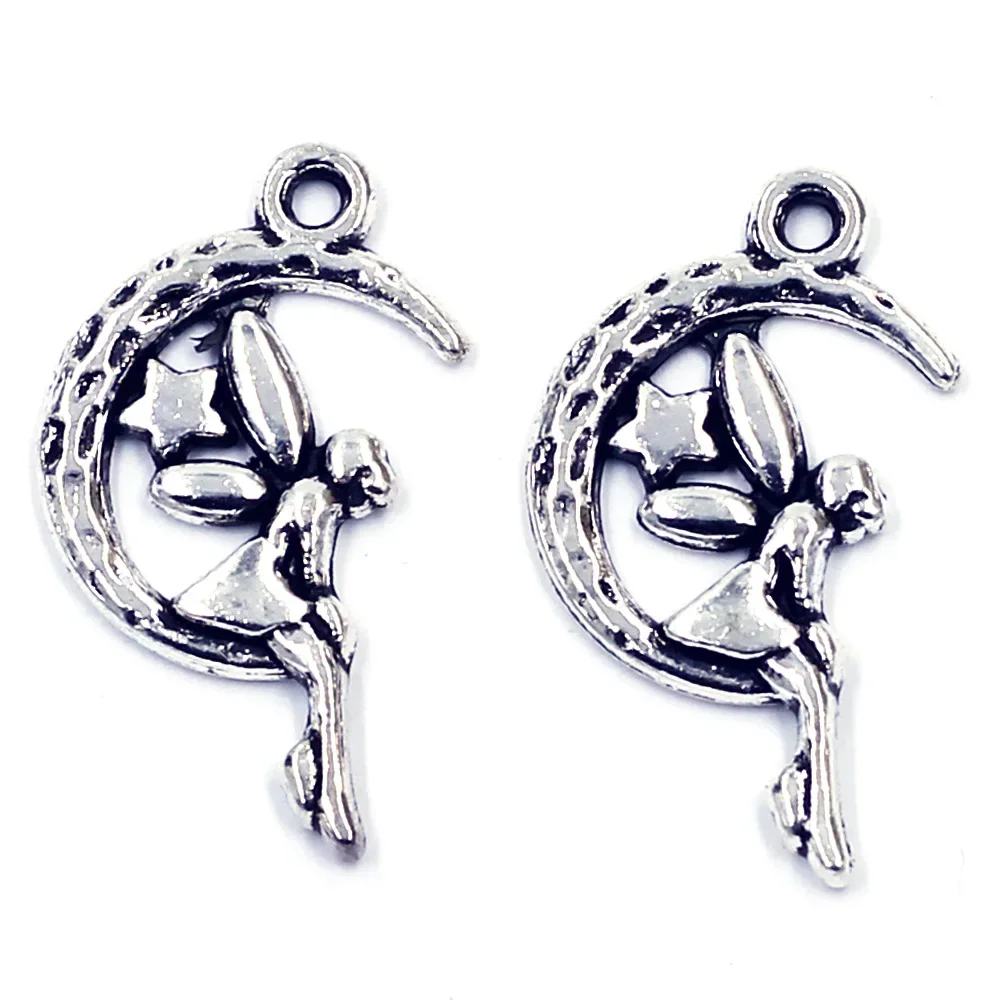 

10Pcs Pendants Fairy With Star Sit On the Moon For Charms Necklaces Silver Tone Metal Alloy Jewelry DIY Findings 26x15mm