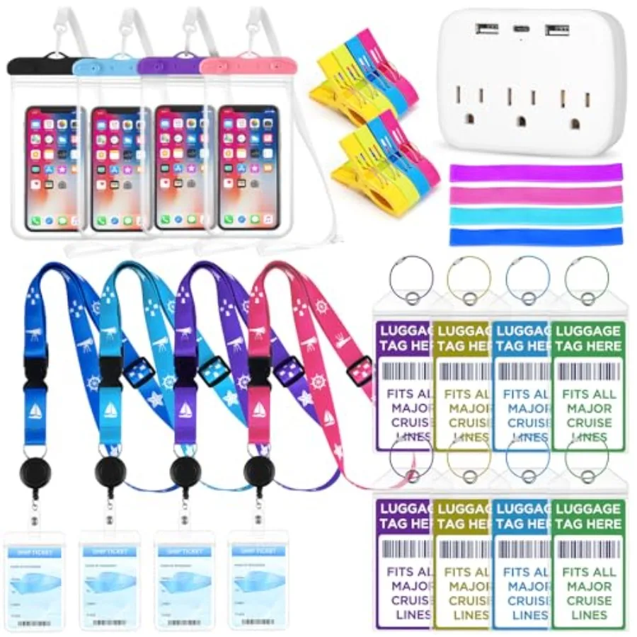 

Cruise Essentials Kit Must Haves Set Include Cruise Luggage Tags Holder Cruise Lanyards Cruise Power Strip Towel Bands and Clip