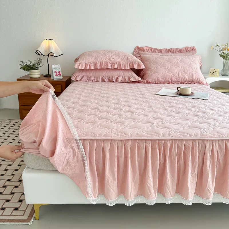 2024 new yarn-dyed washed cotton mattress type bed skirt padded cotton pure cotton lace mattress universal in all seasons